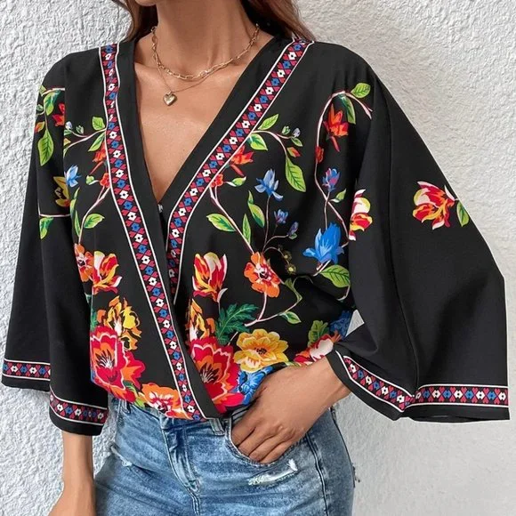 Black Boho Womens Floral Print Batwing Sleeve Wrap Blouse - Picture 3 of 5